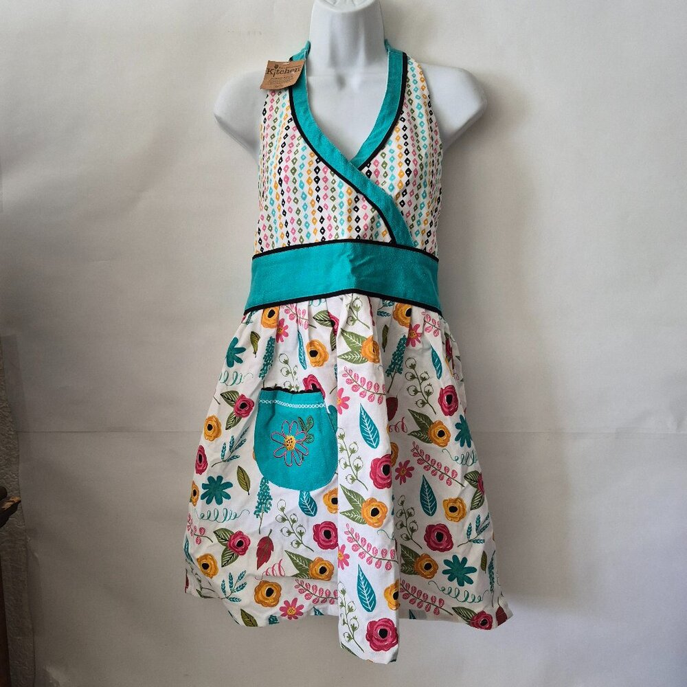 Kay Dee Designs Floral Hostess Apron with Pocket Blue Pink Yellow Green One Size